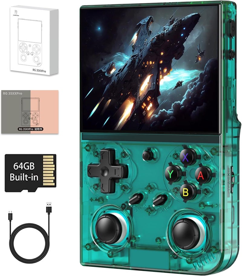 GiipGoop RG35XX Pro Handheld Game Consoles RG35XXPro Retro Gaming Console with 64GB Card 4353 Games Video Game Console Pocket Arcade Support 30+ Simulators WiFi Bluetooth HD Output Transparent Teal - Image 1